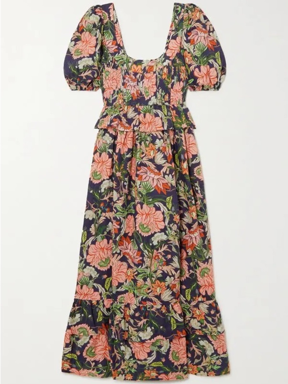 Smocked Puff-Sleeve Floral Maxi Dress - Navy with Pink Flowers